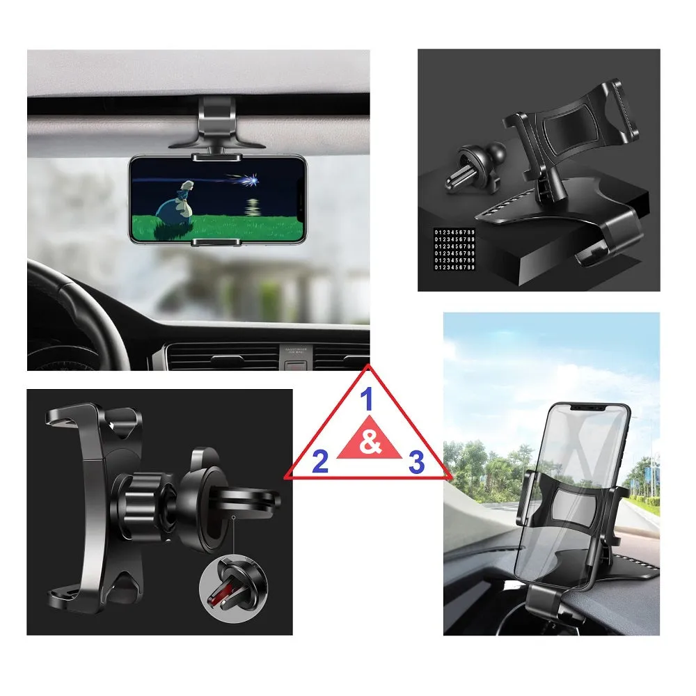 3 in 1 Car GPS Smartphone Holder: Dashboard / Visor Clamp   AC Grid Clip for Sharp R1S - Black
