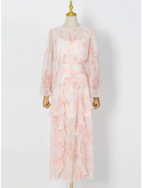 A-Line Wedding Guest Dresses Maxi Dress Holiday Floor Length Long Sleeve Jewel Neck Polyester with Floral Print