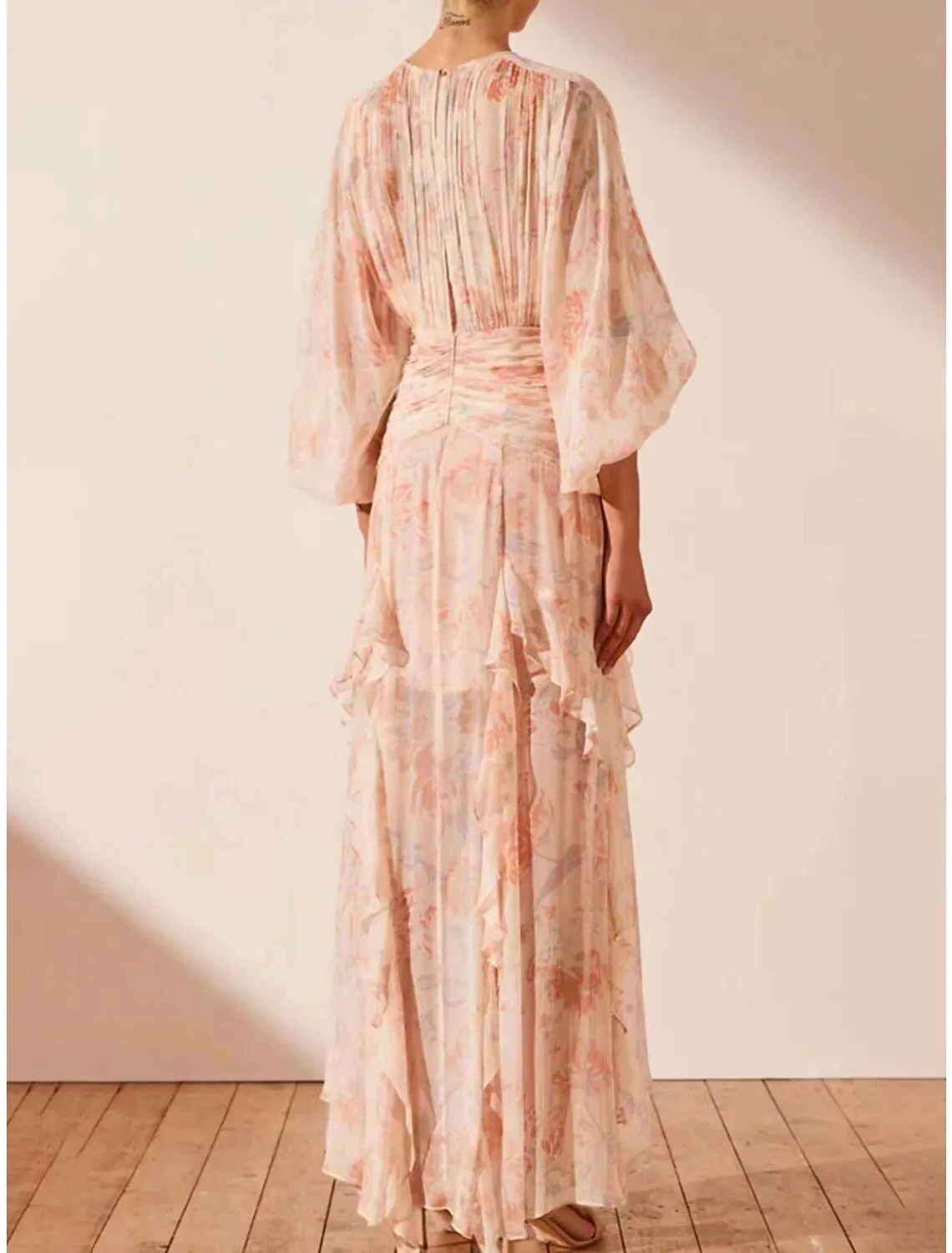 A-Line Wedding Guest Dresses Maxi Dress Holiday Floor Length Long Sleeve Jewel Neck Polyester with Floral Print