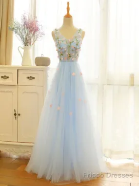 Beautiful Blue V-Neckline Floral Lace Tulle Party Dress, A-Line Blue Evening Dress Prom Dresses