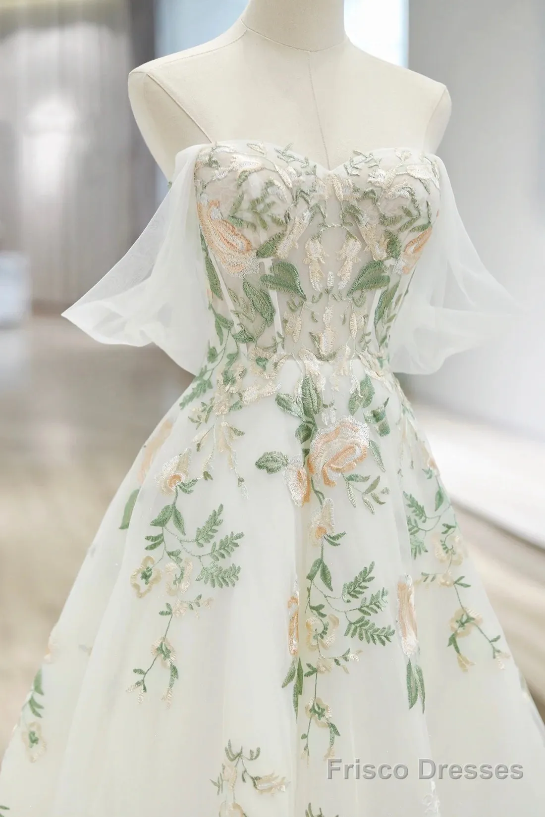 Beautiful Floral Lace Tulle Long Prom Dress, White Off The Shoulder Evening Party Dress