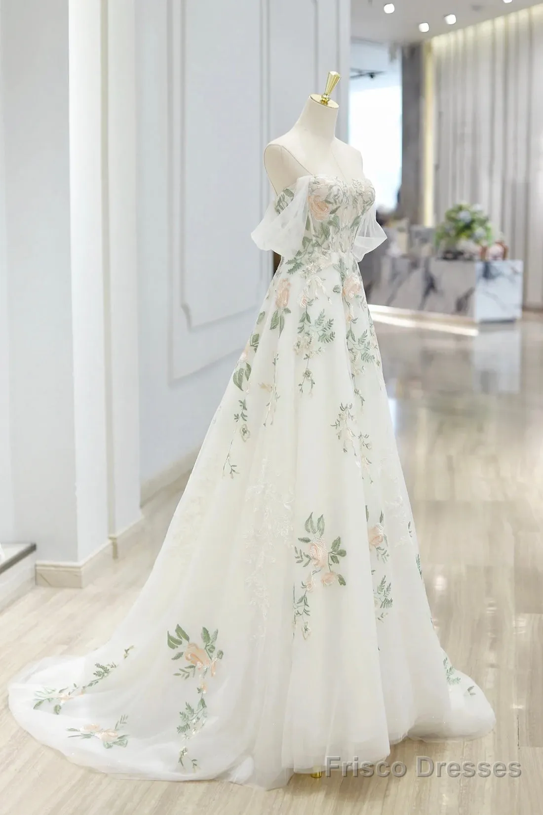 Beautiful Floral Lace Tulle Long Prom Dress, White Off The Shoulder Evening Party Dress