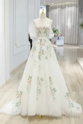 Beautiful Floral Lace Tulle Long Prom Dress, White Off The Shoulder Evening Party Dress