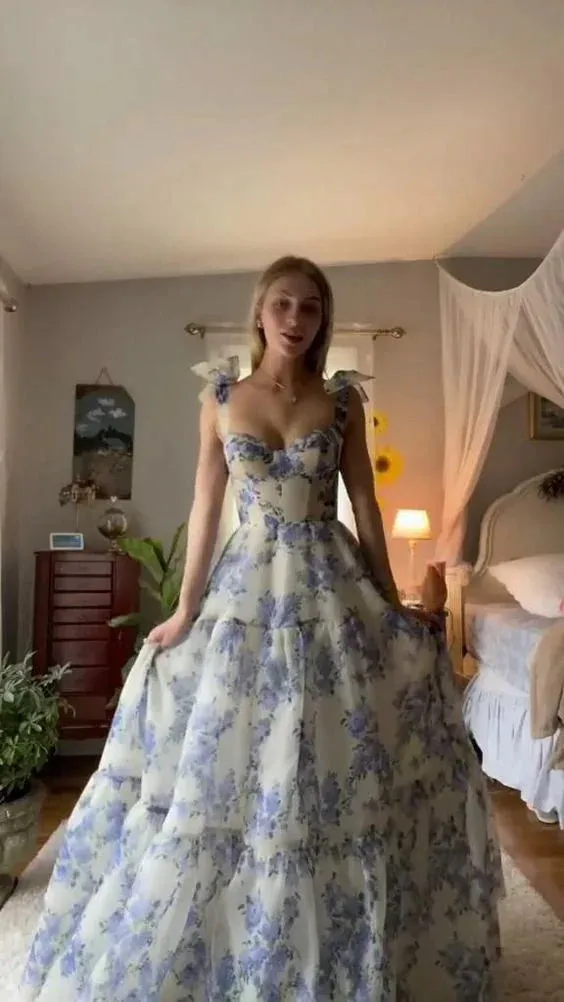 Beautiful Floral Print Chiffon Long Prom Dresses Evening Dress Formal Dress Party Dress