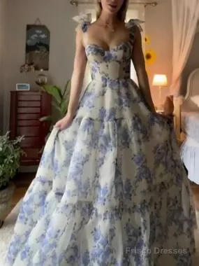 Beautiful Floral Print Chiffon Long Prom Dresses Evening Dress