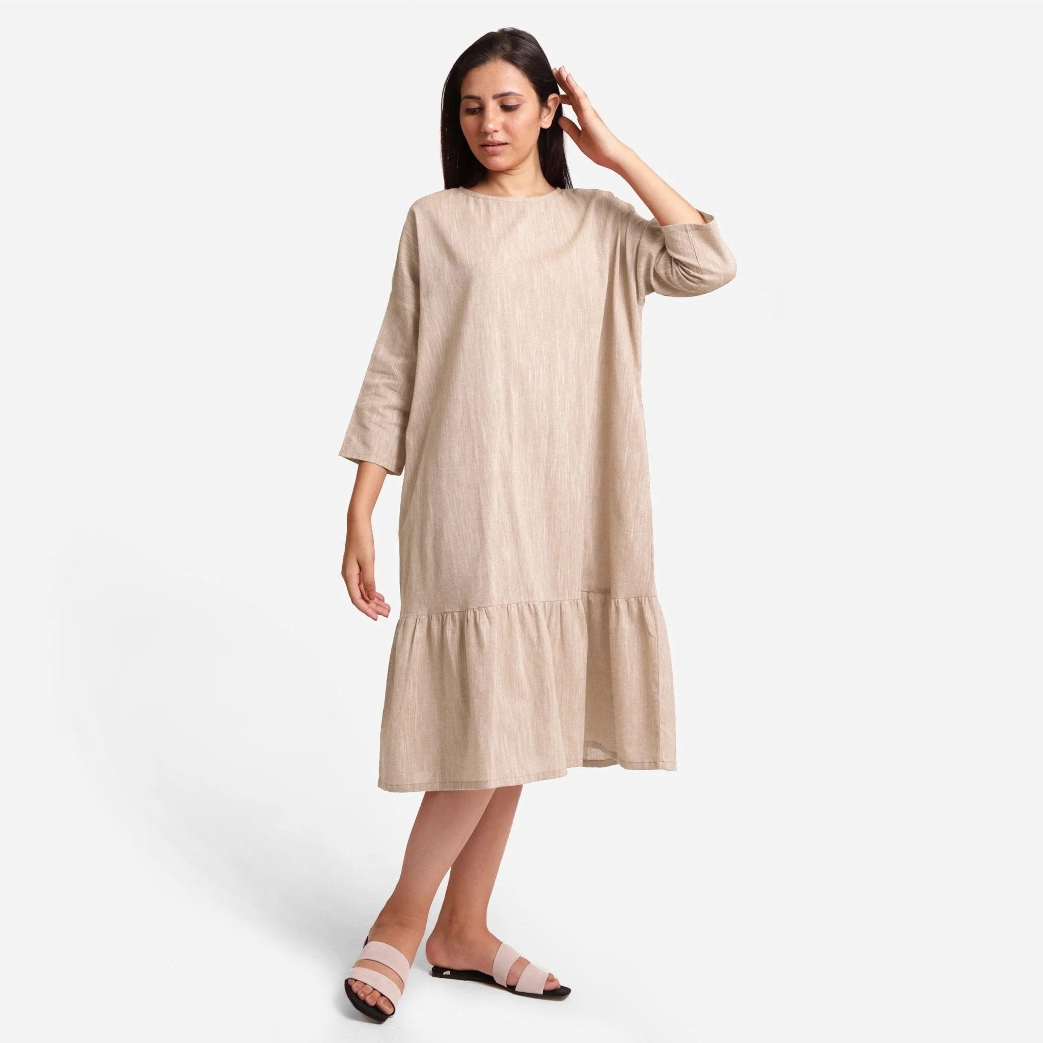 Beige Yarn Dyed 100% Cotton Boat Neck Midi Tier Dress