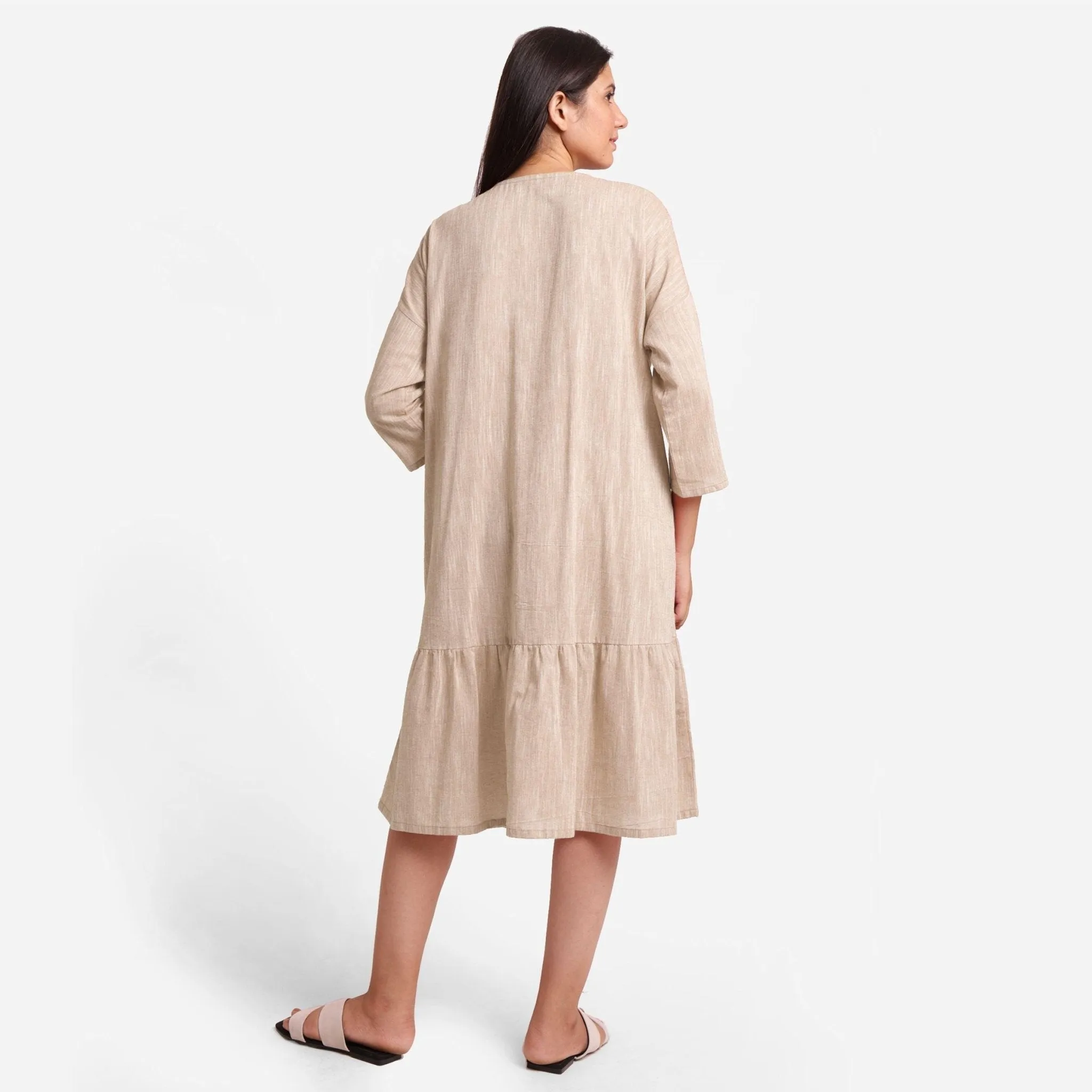 Beige Yarn Dyed 100% Cotton Boat Neck Midi Tier Dress