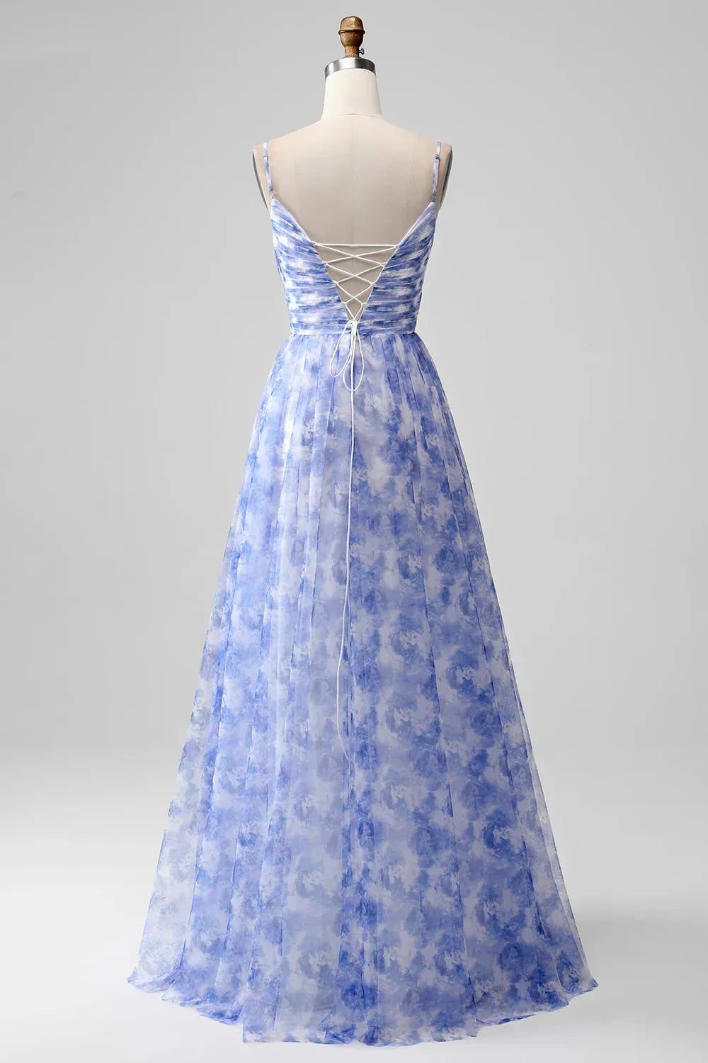 Blue A-Line Prom Dresses Spaghetti Straps Floral Print Pleated Maxi Dress