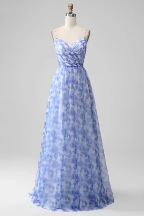 Blue A-Line Prom Dresses Spaghetti Straps Floral Print Pleated Maxi Dress