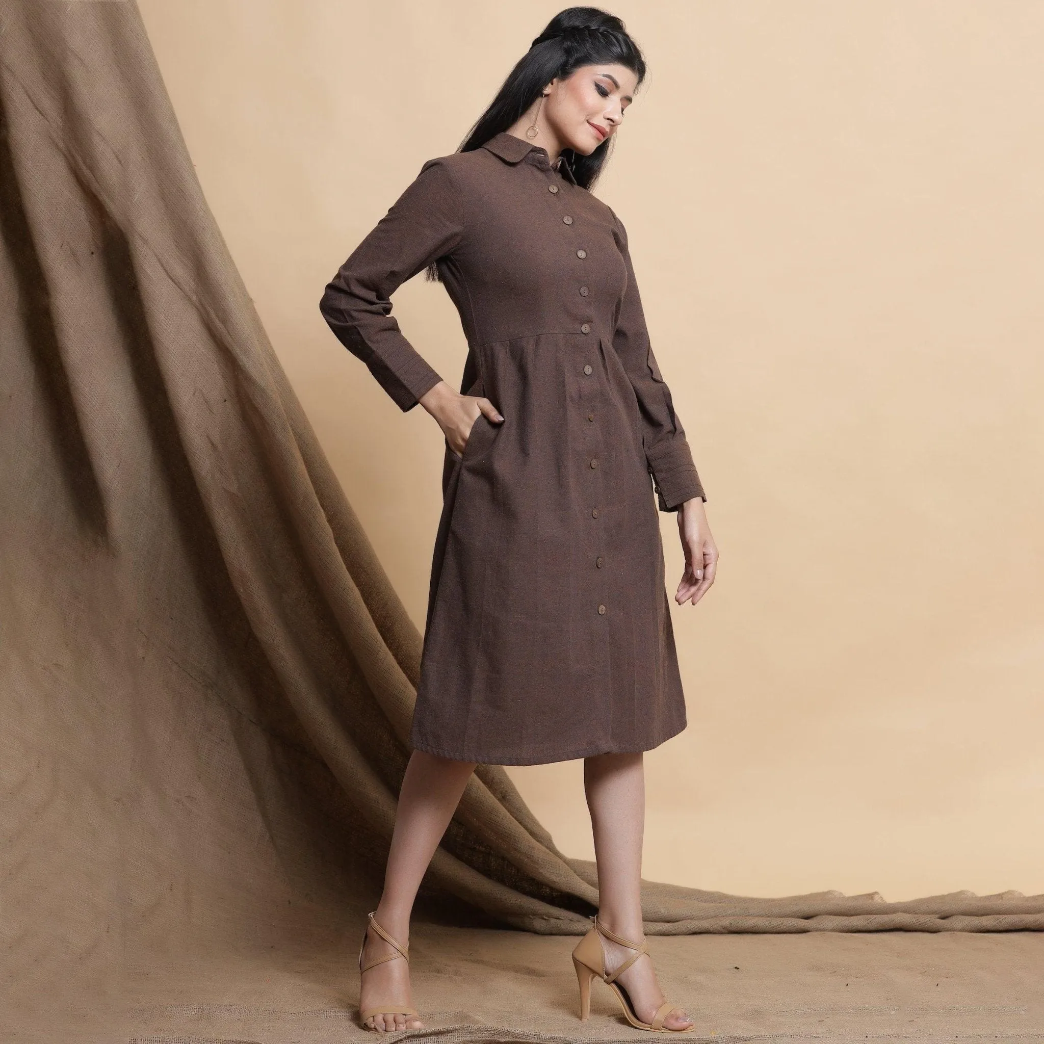 Brown Button Down Cotton Knee Length Formal Dress