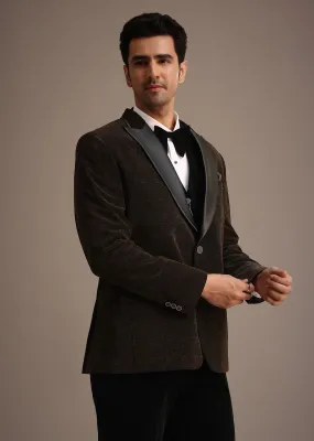 Brown Micro Velvet Tuxedo Set With Bow