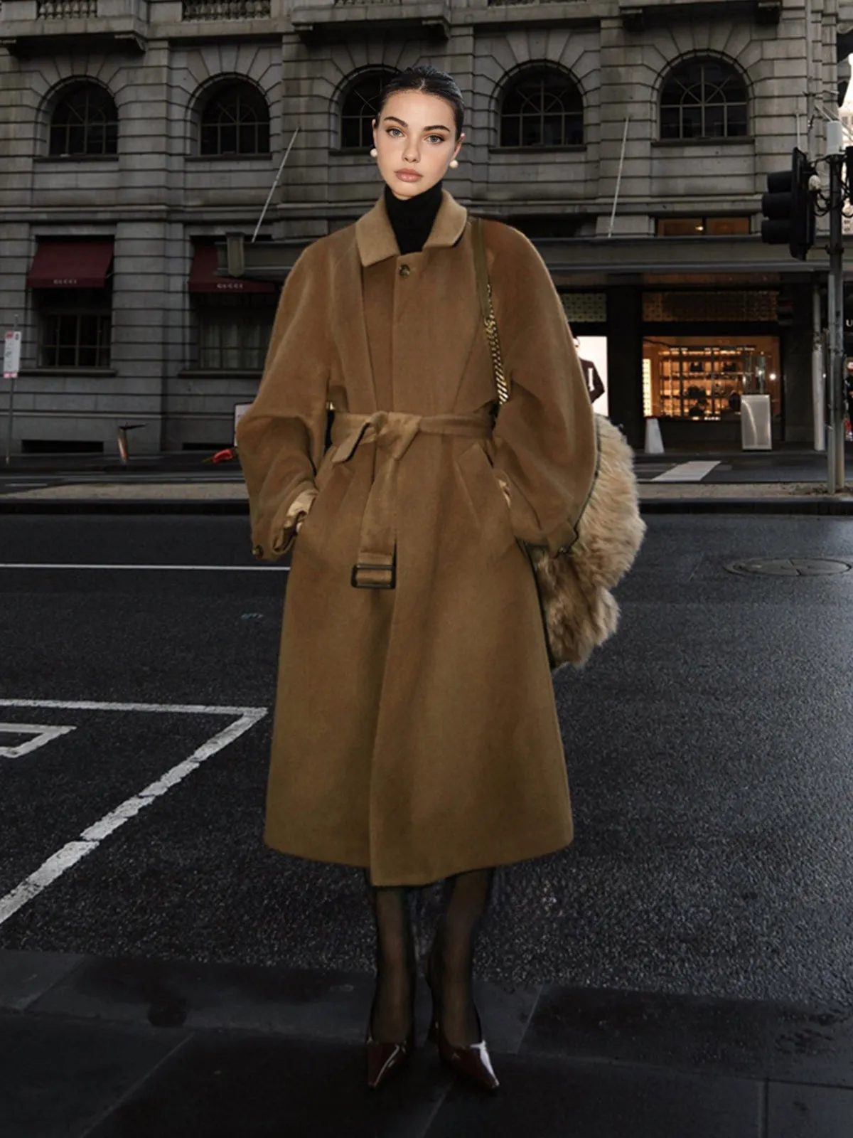 Button Belted Lapel Long Coat