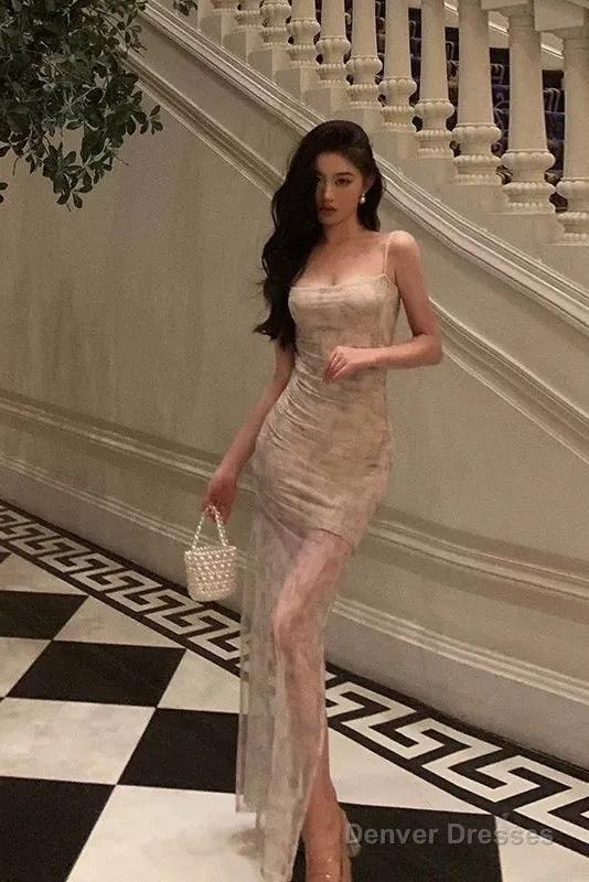 Classy Sheath Spaghetti Straps Floral Long Prom Dresses Birthday Outfits Evening Gown