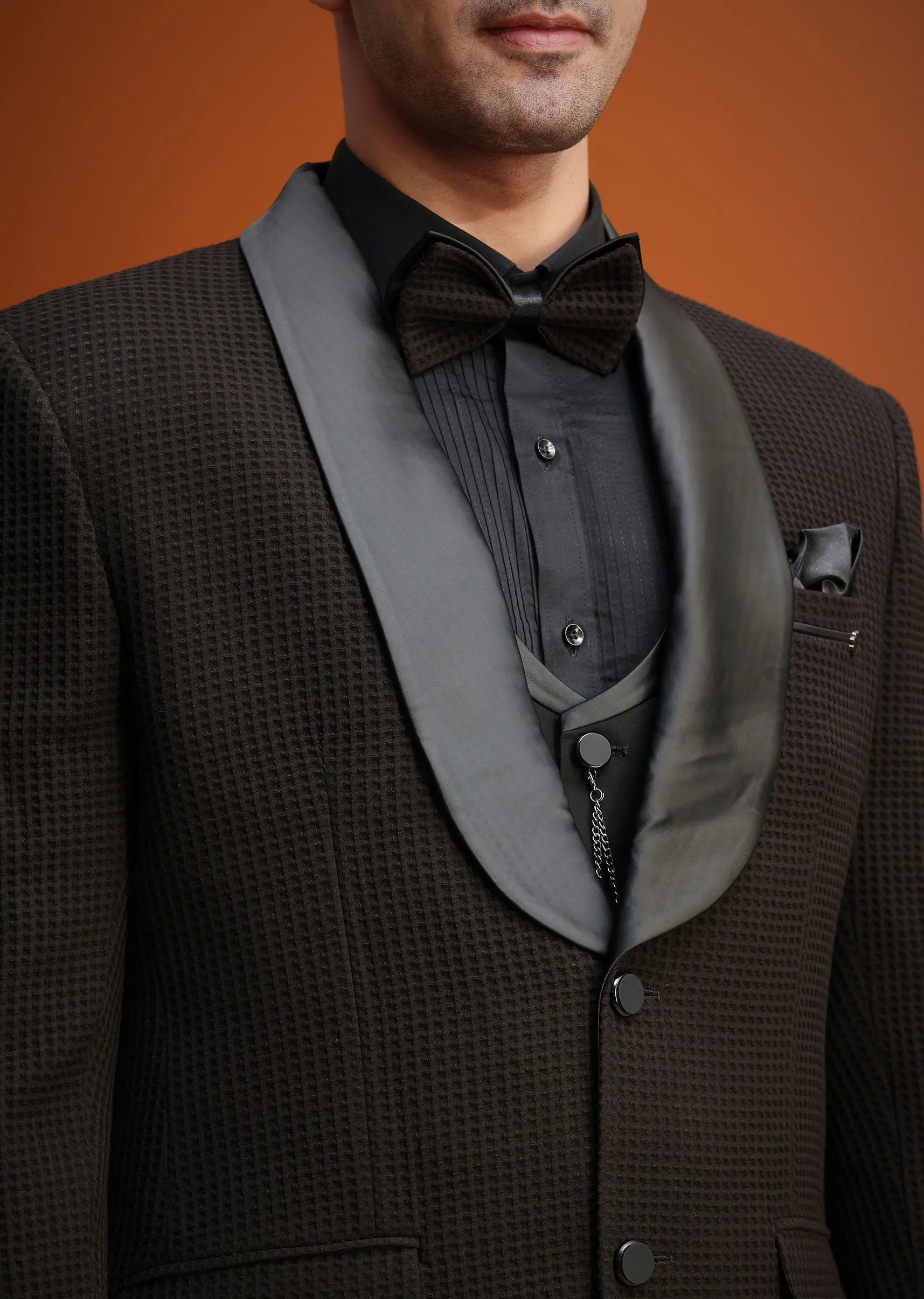 Coffee Brown Knit Tuxedo Set With Waistcoat And Bow