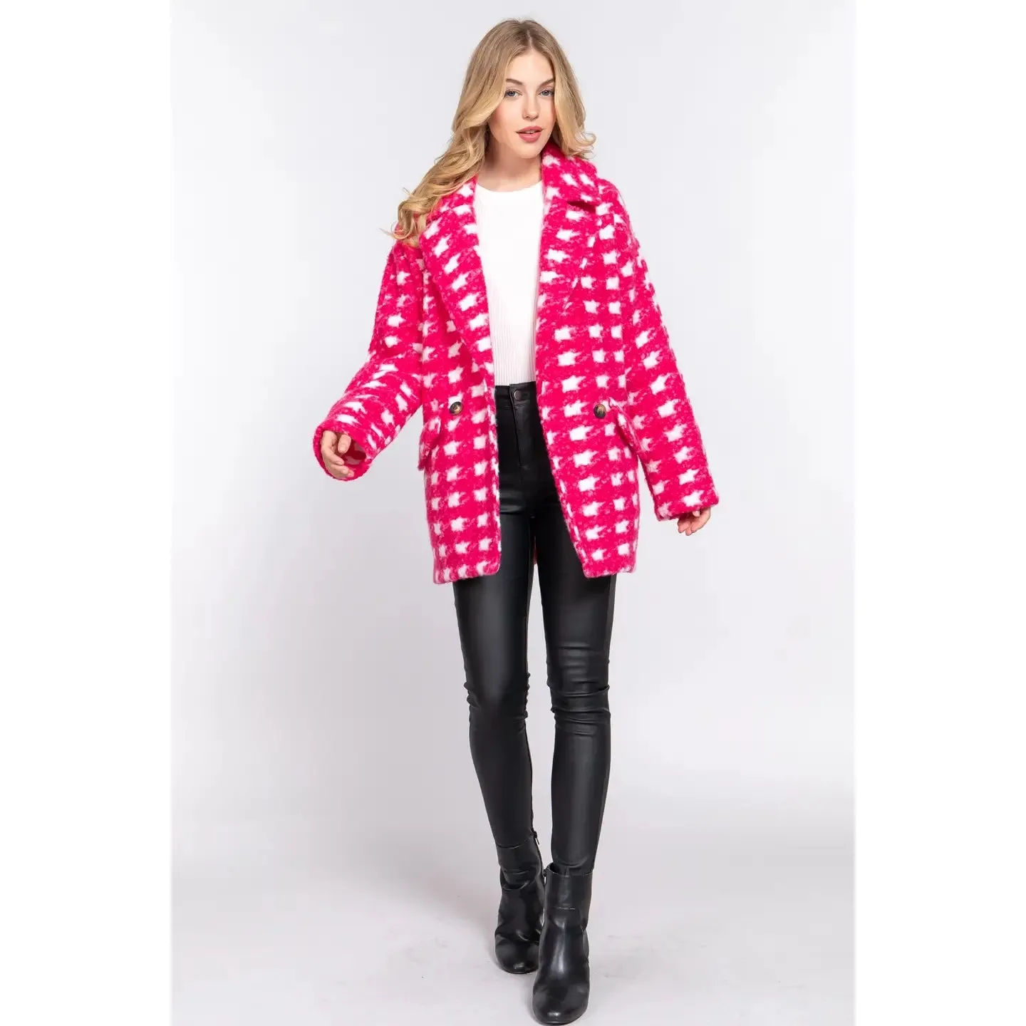 Cozy Double Breasted Check Print Boucle Fleece Coat- Royal or Pink