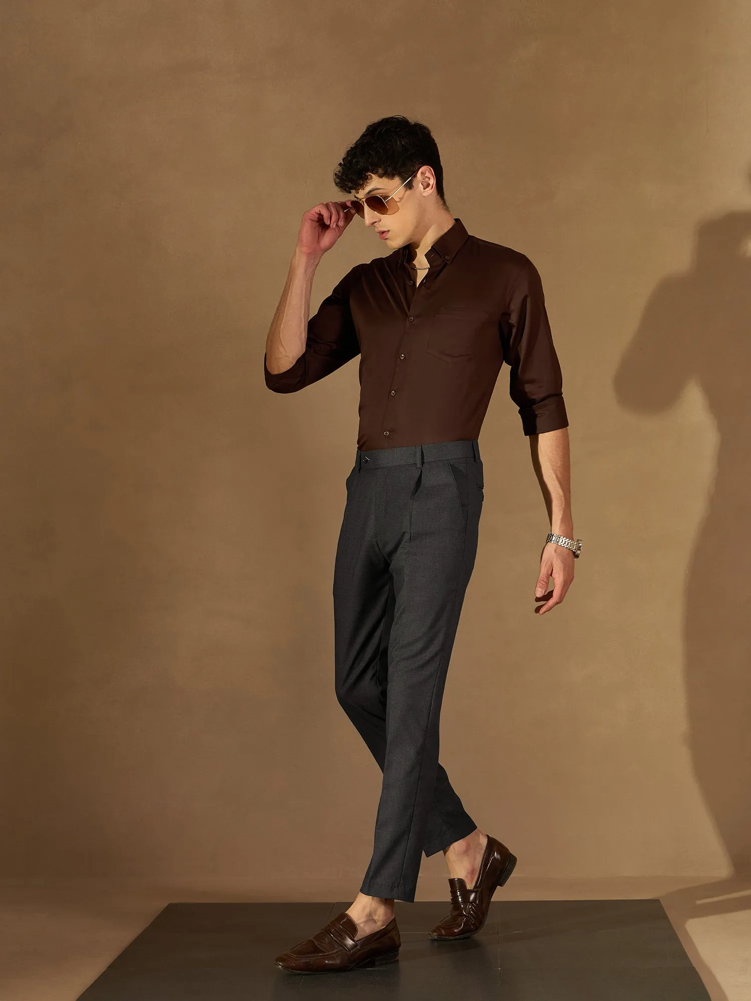 DENNISON Men Charcoal Formal Trousers