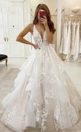 Flowing Princess Bridal Gown with Lace Appliques