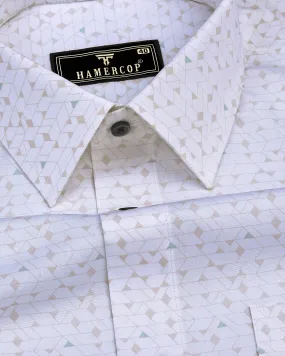 Fluffy White With Cream Tringle Printed Cotton Formal Shirt