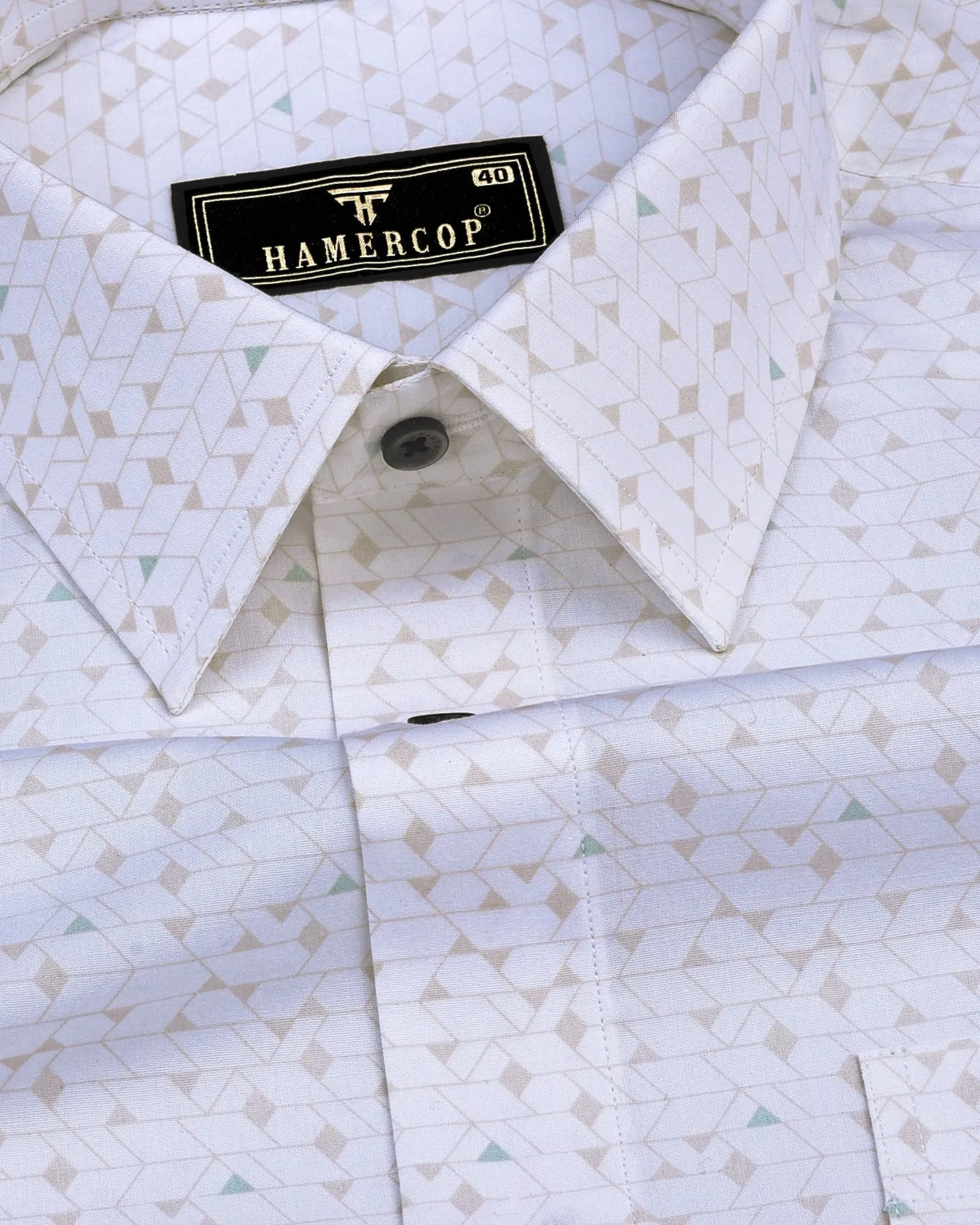 Fluffy White With Cream Tringle Printed Cotton Formal Shirt