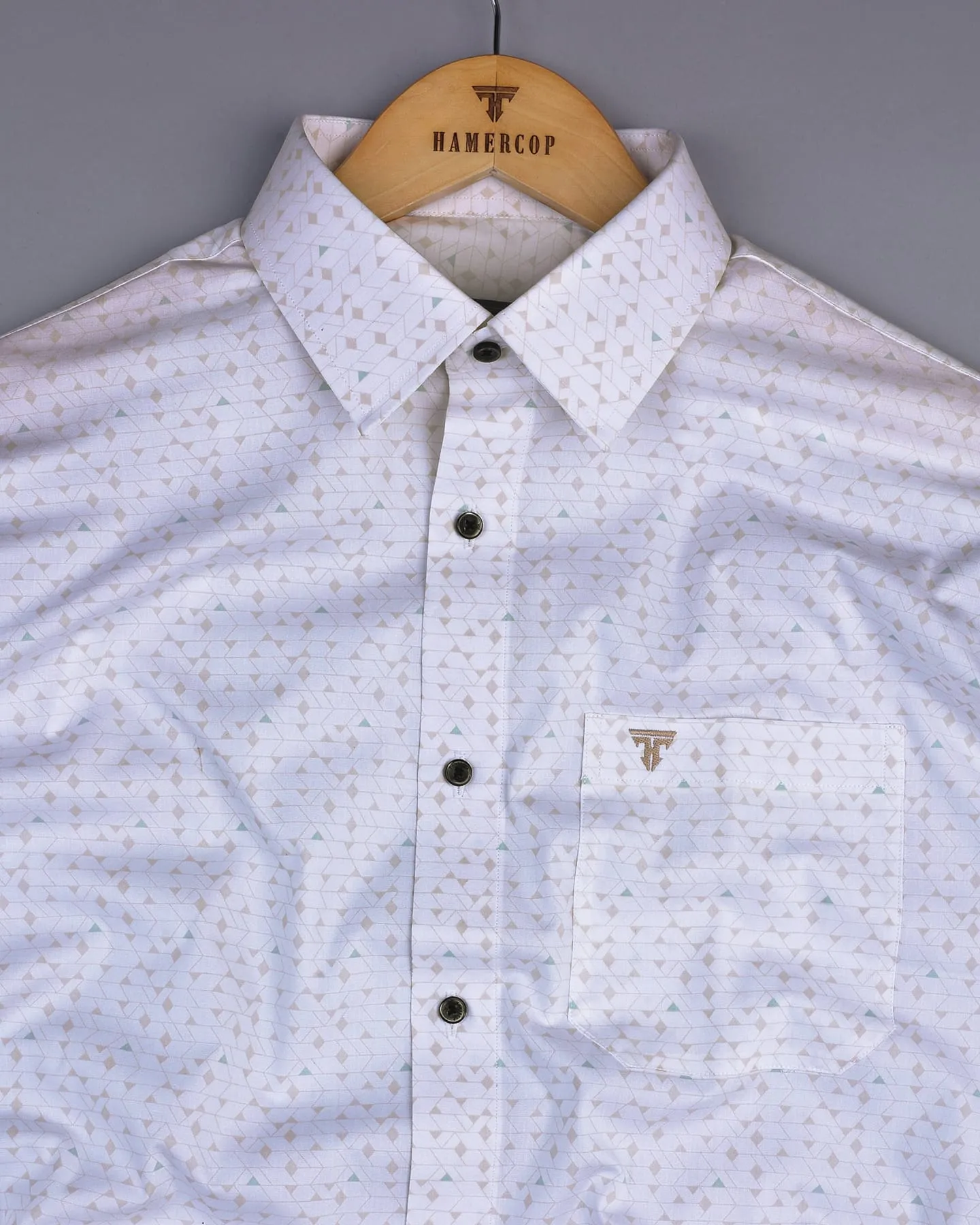 Fluffy White With Cream Tringle Printed Cotton Formal Shirt
