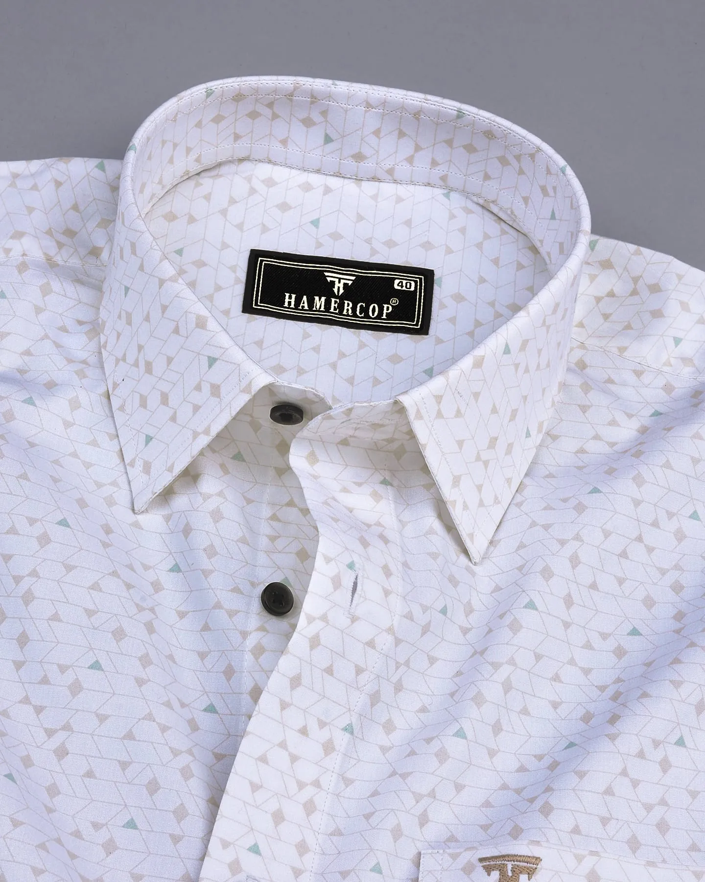 Fluffy White With Cream Tringle Printed Cotton Formal Shirt