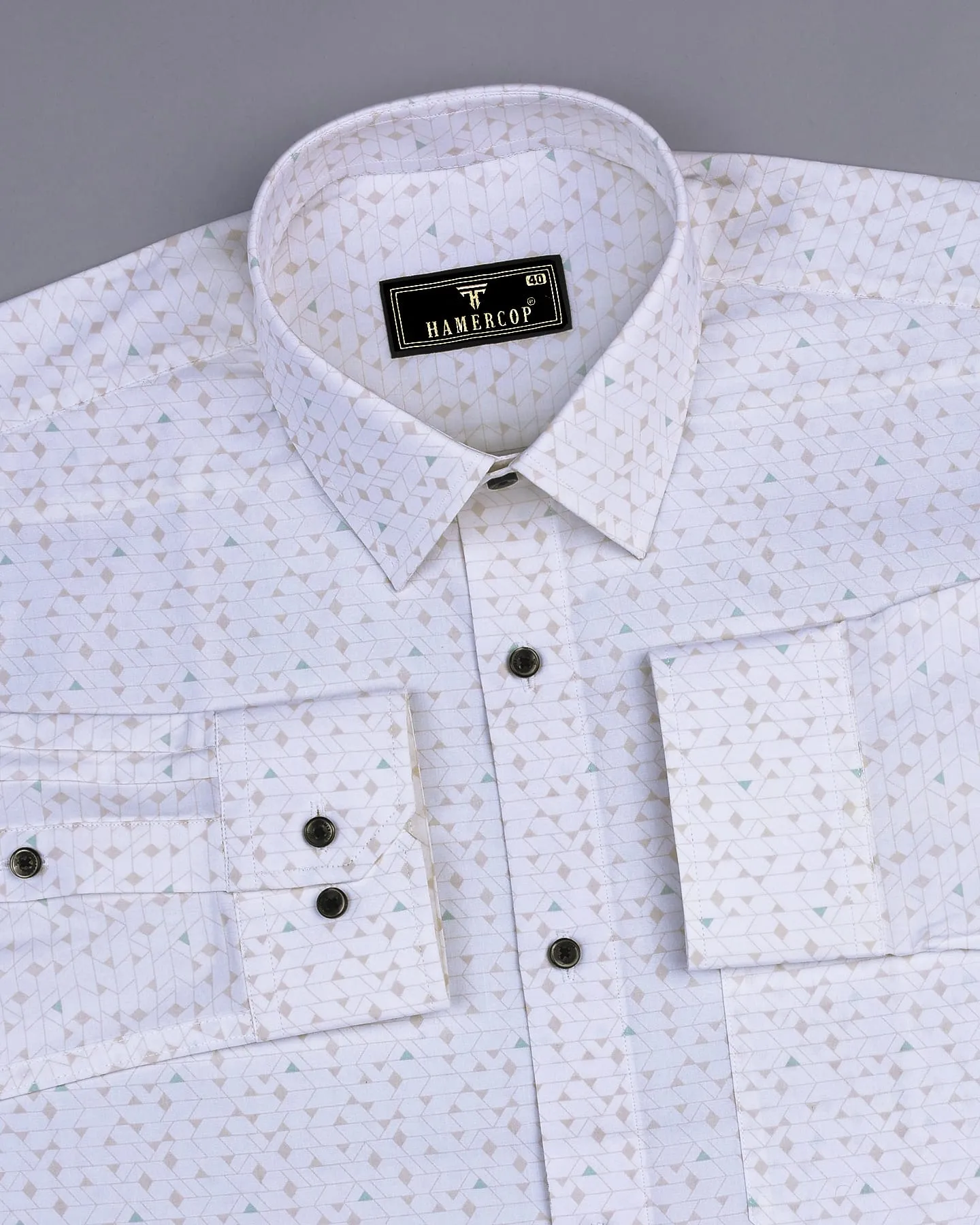 Fluffy White With Cream Tringle Printed Cotton Formal Shirt