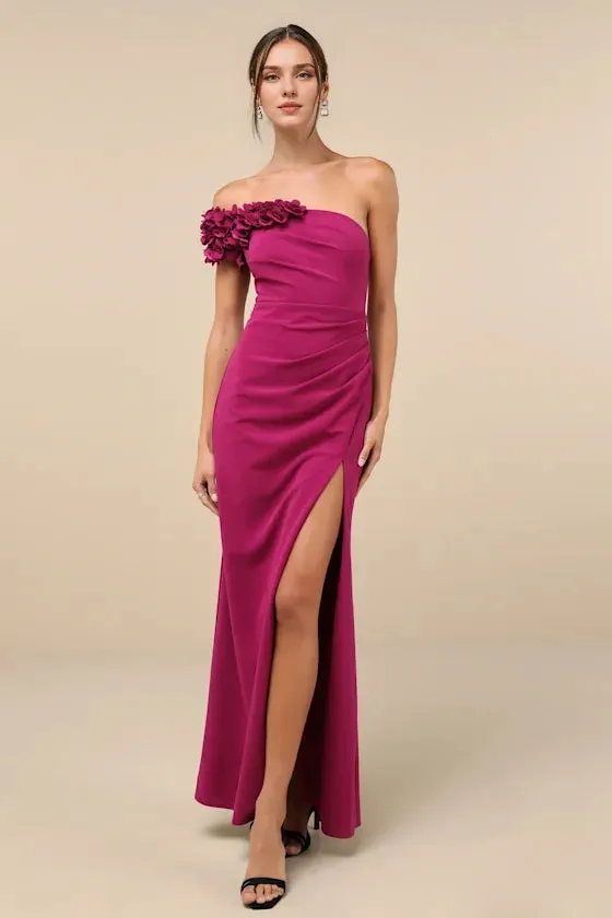 Formal Women's Dresses Beyond Elegant Magenta 3D Floral One-Shoulder Maxi Dress In Prom Dress Shops