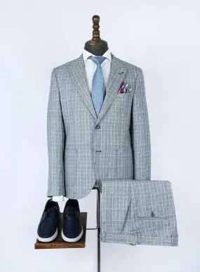 Grey Checked Pure Linen Men Summer Suit