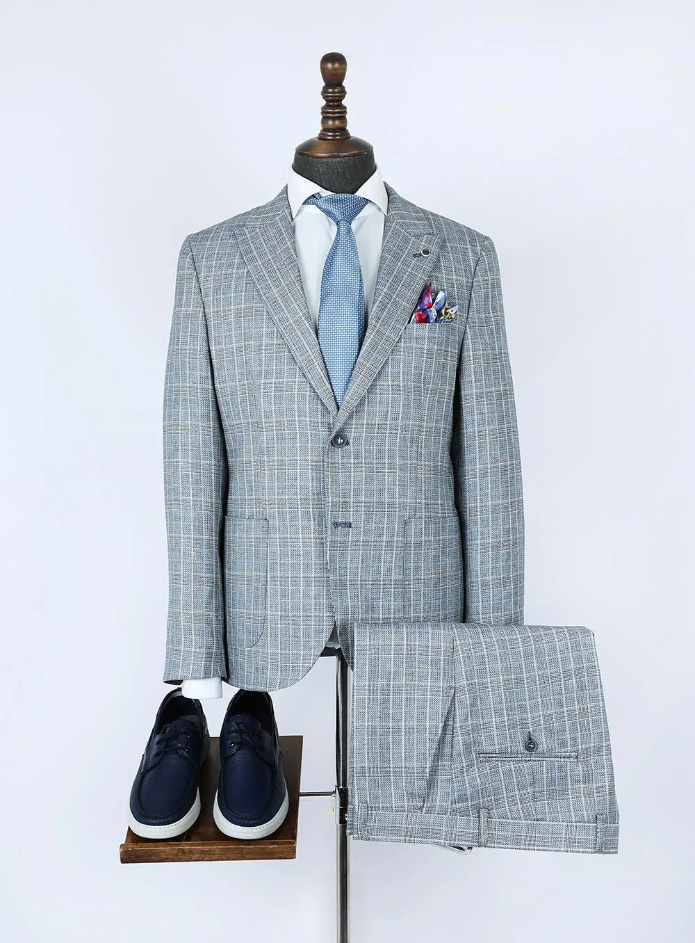 Grey Checked Pure Linen Men Summer Suit