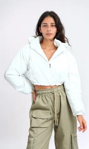O194936 - Hooded Neck Cropped Fashionable Jacket - White