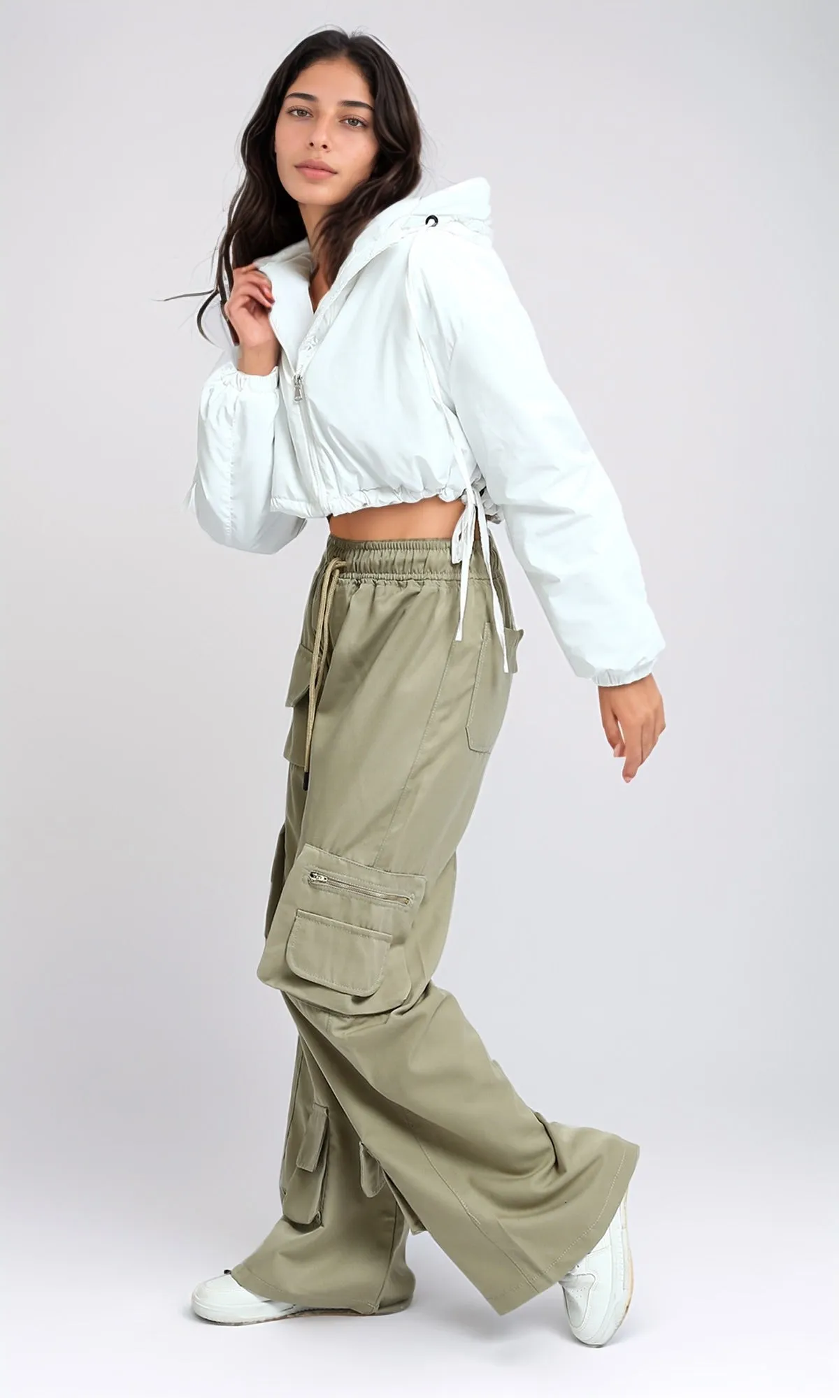 O194936 - Hooded Neck Cropped Fashionable Jacket - White