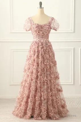 Pink A-Line Tulle Pleated Floral Long Prom Dress Adult Ceremony Graduation Prom Dress