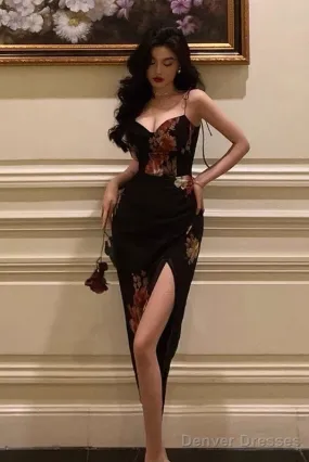 Sexy Sheath Spaghetti Straps Black Floral Slit Prom Dresses Birthday Outfits