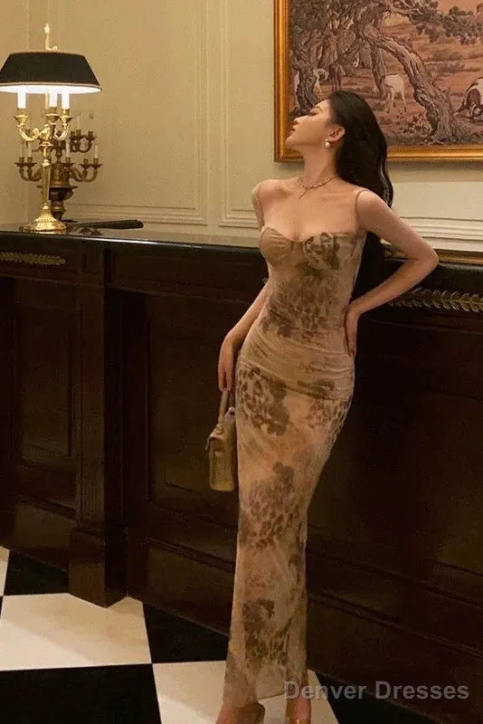Sexy Sheath Spaghetti Straps Champagne Floral Prom Dresses Birthday Outfits