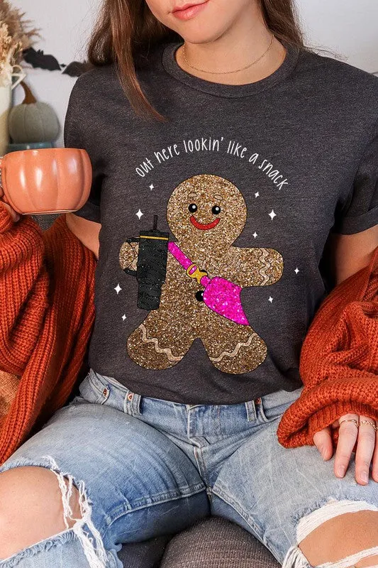 Snack-Looking Sparkly Gingerbread Christmas Holiday Unisex Short Sleeve Graphic Tee T-Shirt