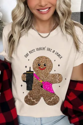 Snack-Looking Sparkly Gingerbread Christmas Holiday Unisex Short Sleeve Graphic Tee T-Shirt