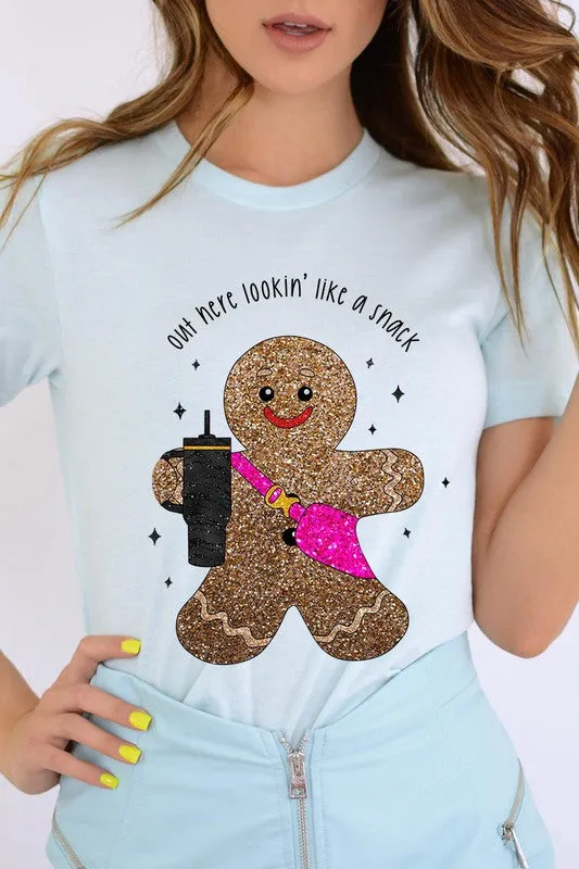 Snack-Looking Sparkly Gingerbread Christmas Holiday Unisex Short Sleeve Graphic Tee T-Shirt