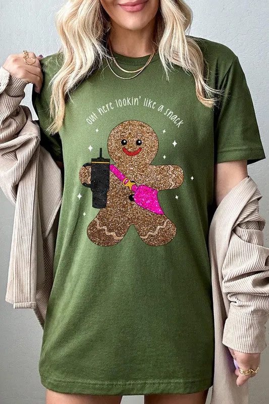Snack-Looking Sparkly Gingerbread Christmas Holiday Unisex Short Sleeve Graphic Tee T-Shirt