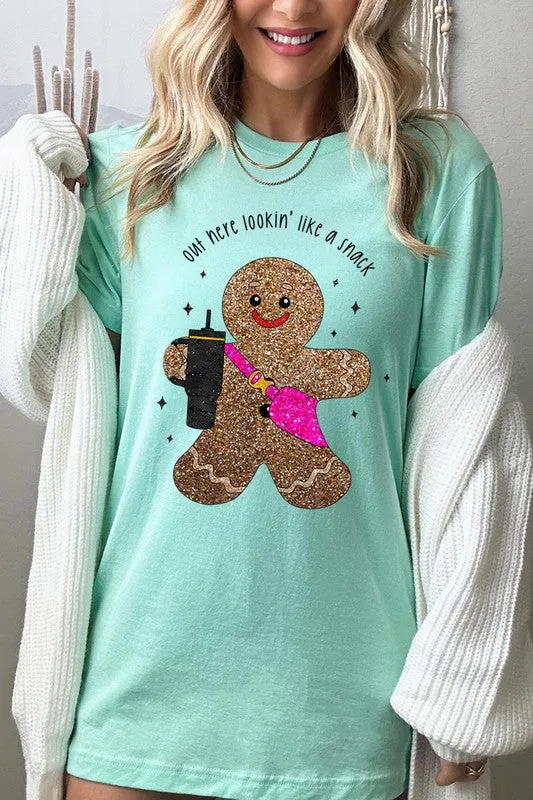Snack-Looking Sparkly Gingerbread Christmas Holiday Unisex Short Sleeve Graphic Tee T-Shirt
