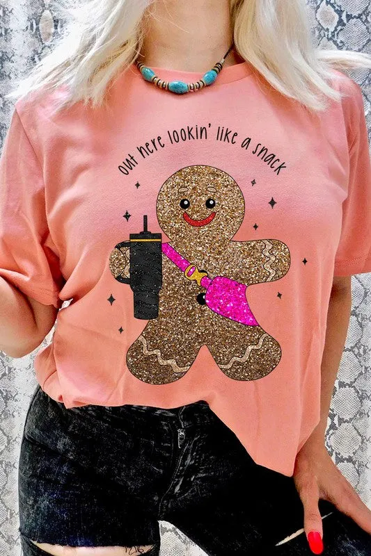 Snack-Looking Sparkly Gingerbread Christmas Holiday Unisex Short Sleeve Graphic Tee T-Shirt