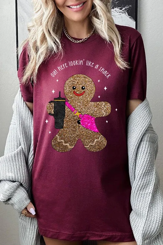 Snack-Looking Sparkly Gingerbread Christmas Holiday Unisex Short Sleeve Graphic Tee T-Shirt
