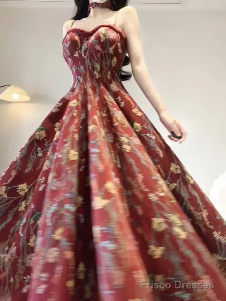 Vintage A Line Spaghetti Straps Red Floral Long Birthday Dresses Prom Dress Birthday Outfits