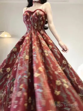 Vintage A Line Spaghetti Straps Red Floral Long Birthday Dresses Prom Dress Birthday Outfits