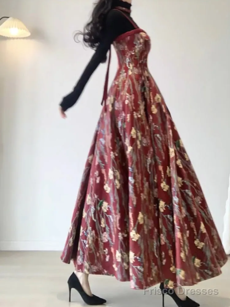 Vintage A Line Spaghetti Straps Red Floral Long Birthday Dresses Prom Dress Birthday Outfits