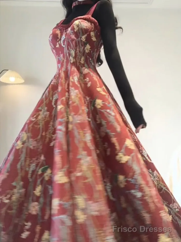 Vintage A Line Spaghetti Straps Red Floral Long Birthday Dresses Prom Dress Birthday Outfits