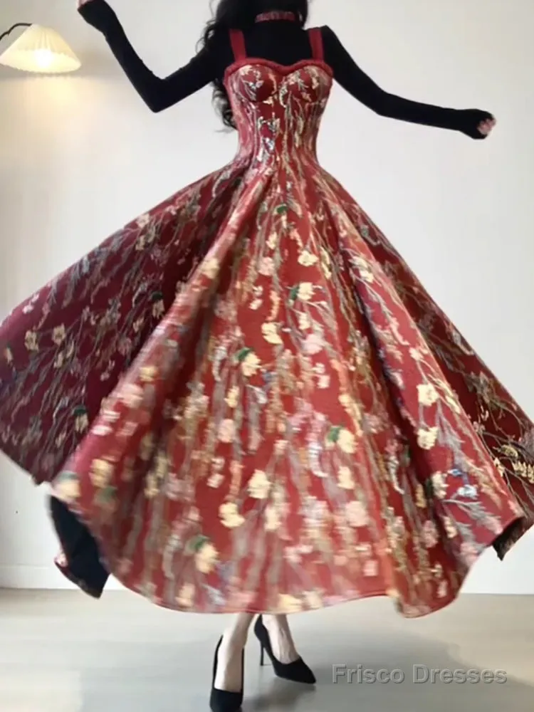 Vintage A Line Spaghetti Straps Red Floral Long Birthday Dresses Prom Dress Birthday Outfits