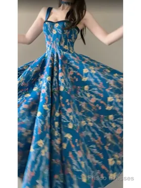 Vintage A Line Spaghetti Straps Royal Blue Floral Long Birthday Dresses Prom Dress Birthday Outfits