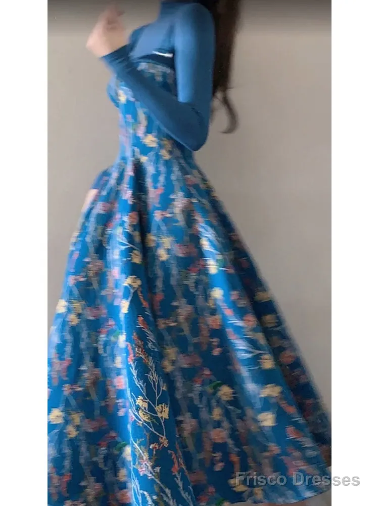 Vintage A Line Spaghetti Straps Royal Blue Floral Long Birthday Dresses Prom Dress Birthday Outfits
