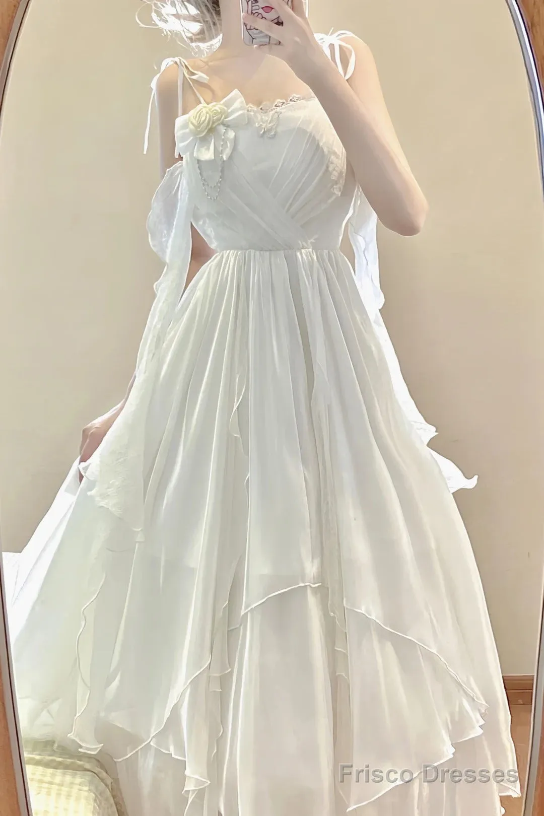 Vintage A Line Spaghetti Straps White Floral Long Birthday Dresses Prom Dress Chiffon Birthday Outfits