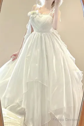 Vintage A Line Spaghetti Straps White Floral Long Birthday Dresses Prom Dress Chiffon Birthday Outfits